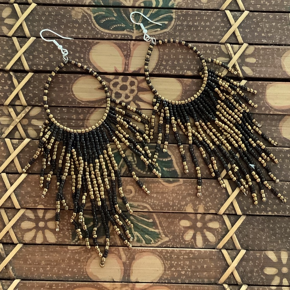 ❤️Boho Beaded Fringe Earrings Black Gold
